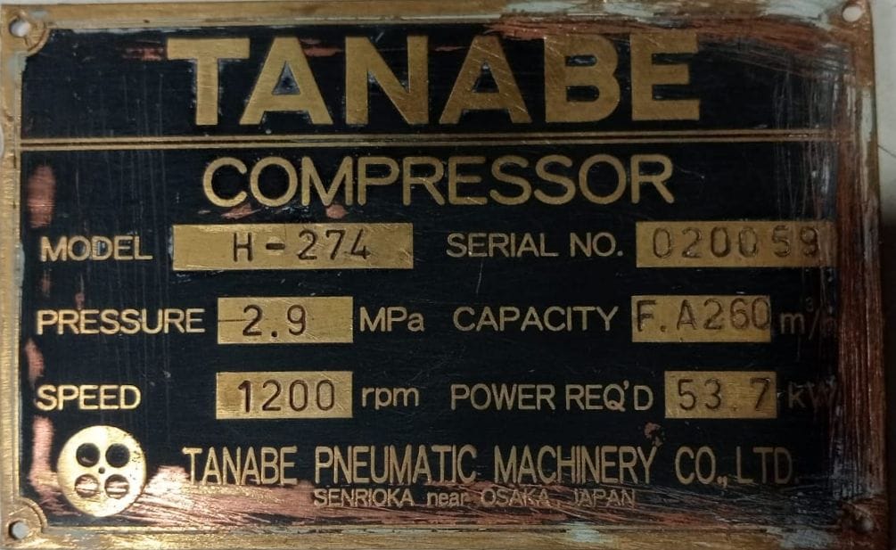 TANABE-H-274-AIR-COMPRESSOR-NAME PLATE